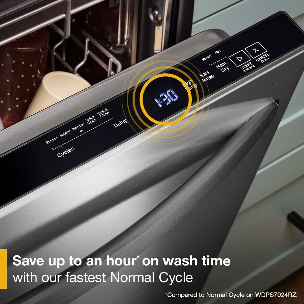 Close-up of Whirlpool dishwasher hidden top control panel with digital timer display, highlighting the fastest Normal Cycle that saves up to an hour on wash time.