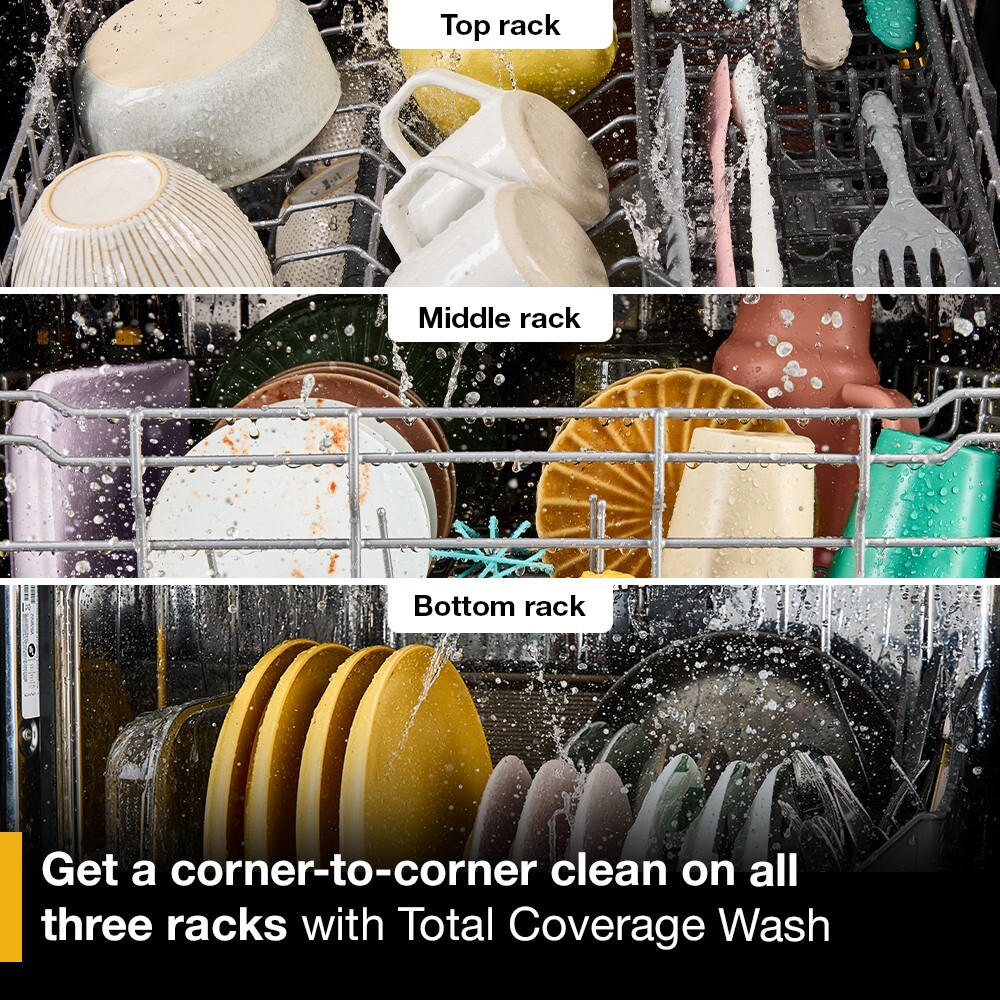 Three-panel close-up of Whirlpool dishwasher top, middle, and bottom racks filled with dishes being washed, showcasing Total Coverage Wash corner-to-corner cleaning.