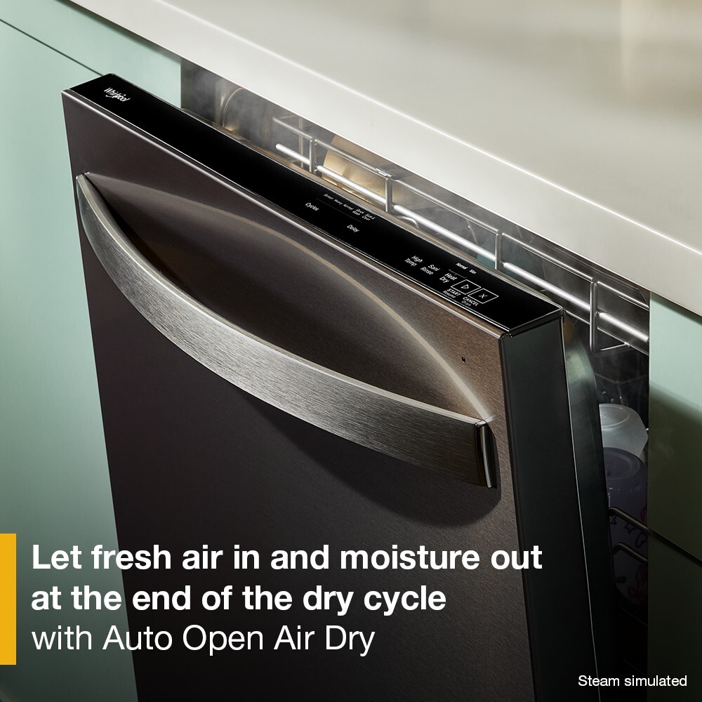Whirlpool black stainless dishwasher door slightly ajar releasing steam, highlighting the Auto Open Air Dry feature that vents moisture at the end of the dry cycle.