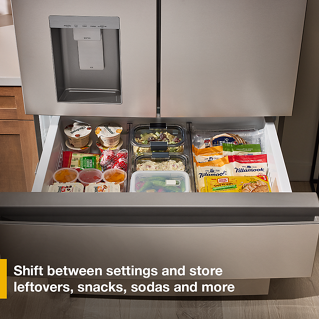 Whirlpool WRMF3736SZ 4-door French door refrigerator with exterior water dispenser and open refrigerated drawer showing organized leftovers, snacks, sodas and packaged foods.