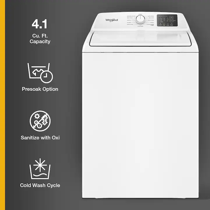 White Whirlpool top-load washer with 4.1 cu. ft. capacity, highlighting presoak option, sanitize with Oxi, and cold wash cycle features.