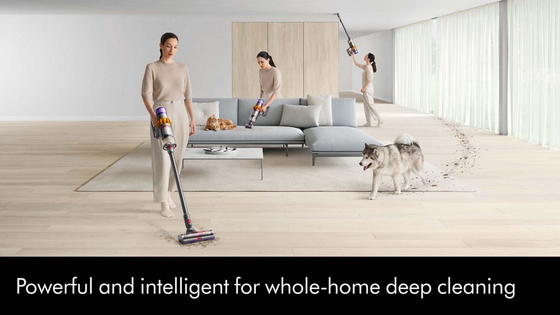 Dyson V15 Detect cordless vacuum cleaning a bright living room with pets and furniture; text reads, Powerful and intelligent for whole-home deep cleaning.