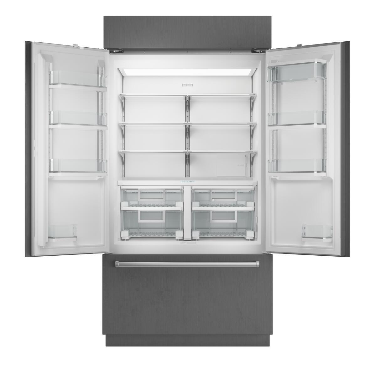 Interior view of Sub-Zero CL4250UFDST refrigerator showing glass shelves, crisper bins, and door bins.