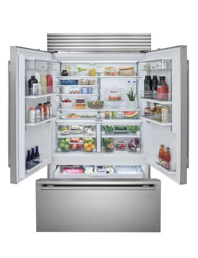 Interior view of Sub-Zero CL4850UFD-O showing ClearSight LED lighting, adjustable door bins, and spacious shelving layout