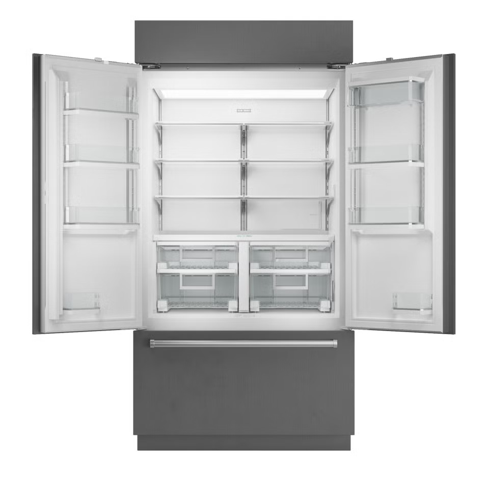 Interior view of Sub-Zero CL4850UFD-O showing ClearSight LED lighting, adjustable shelving, and internal water dispenser
