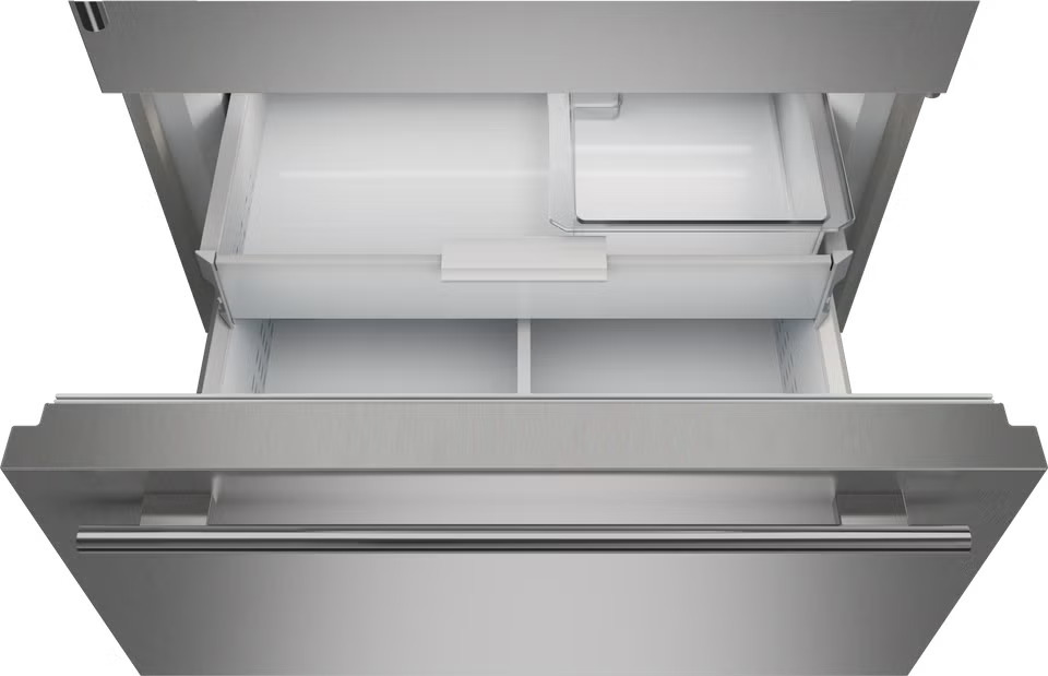 Interior view of Sub-Zero CL3650UG-O-L showing refrigerator shelving, bottom freezer drawer, and interior LED lighting