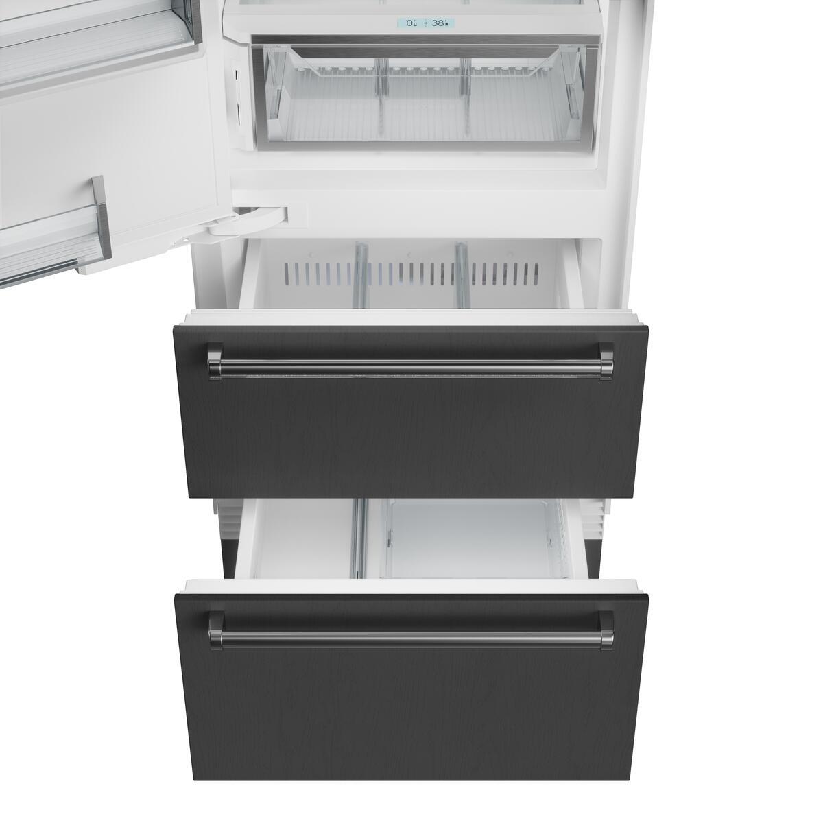 Interior view of Sub-Zero DET3050CIIDL showing fresh food compartment shelving and bottom freezer drawer