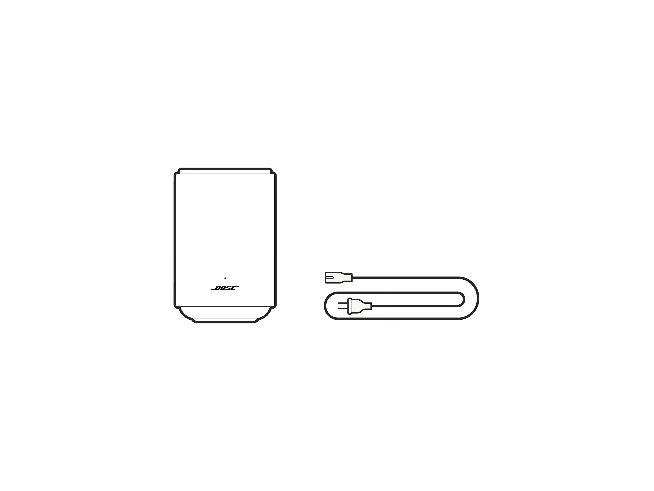 Line drawing illustration showing the Lifestyle Ultra Speaker unit and Power Cord included in the box