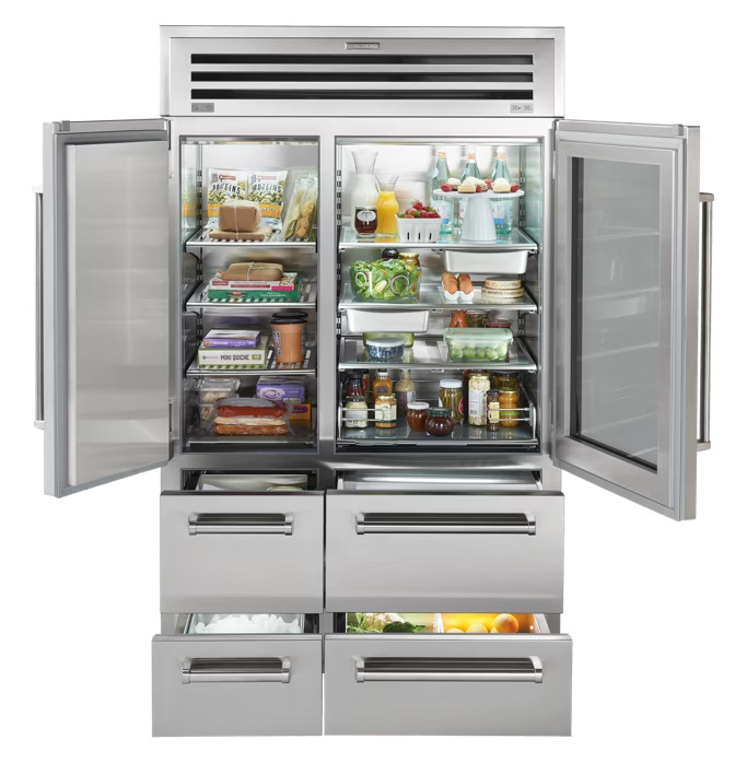 Interior view of Sub-Zero PRO4850 showing stainless steel shelving, multiple drawer zones, and six-door configuration