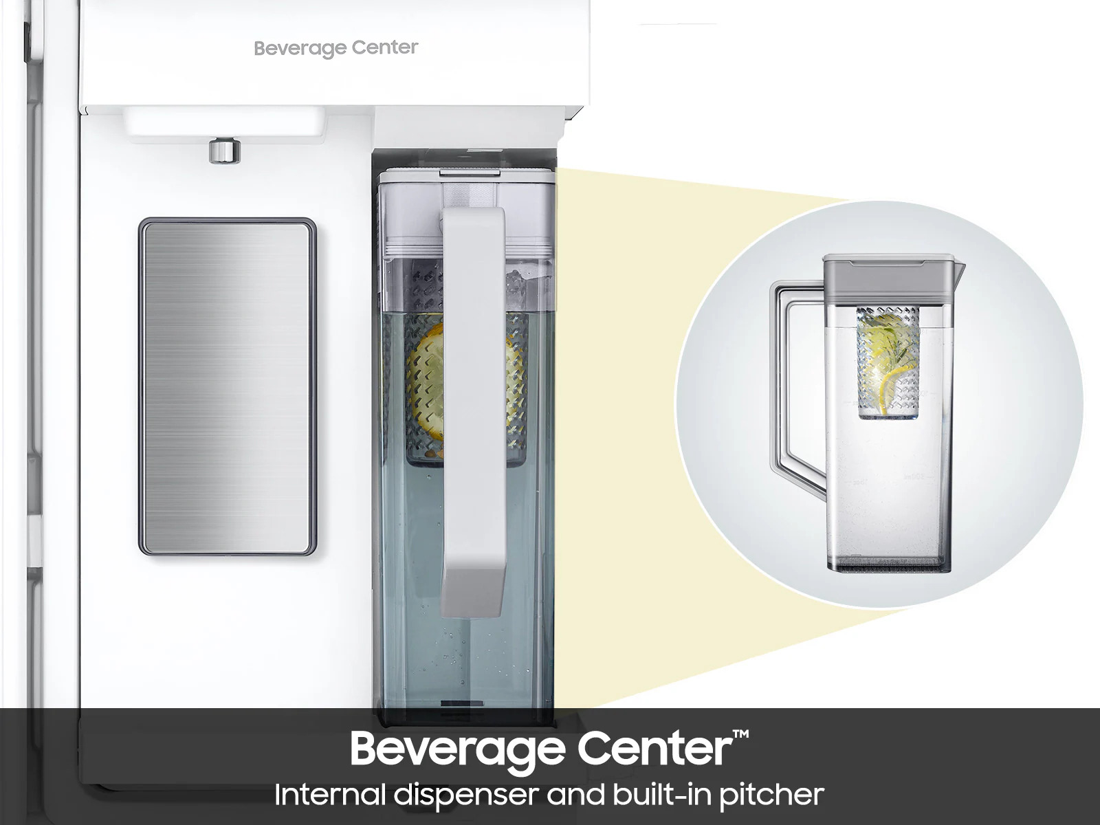 Close-up view of the Samsung Bespoke AI Refrigerator RF70F29DERAA Inner Beverage Center, showing the built-in internal water dispenser door open with a transparent AutoFill Water Pitcher filled with lemon-infused water.